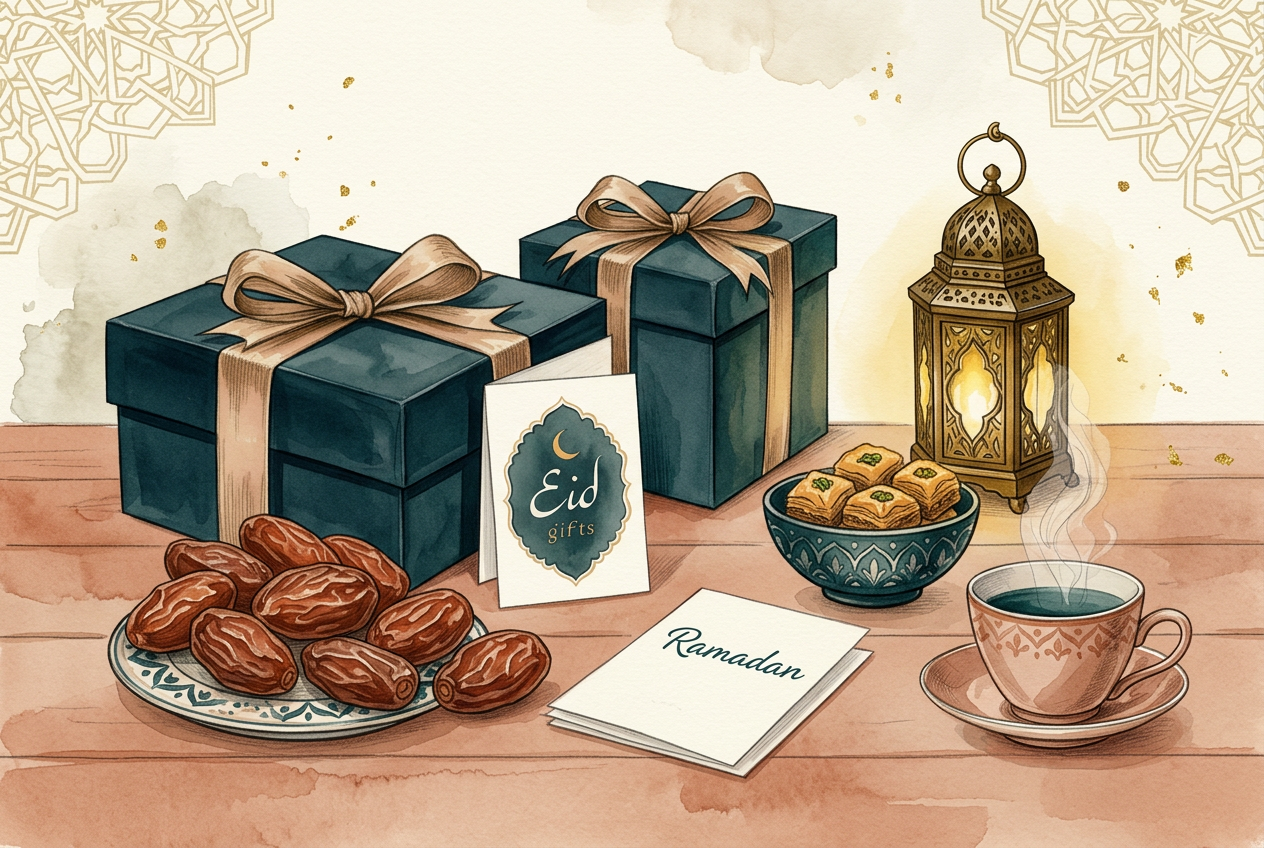 Aquarell-Illustration kuratierter Ramadan- und Eid-Geschenke: Geschenkboxen, Datteln, Laterne, Karten.