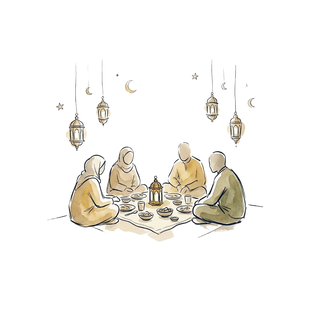 Handgezeichnete Illustration einer Iftar-Runde im Laternenlicht